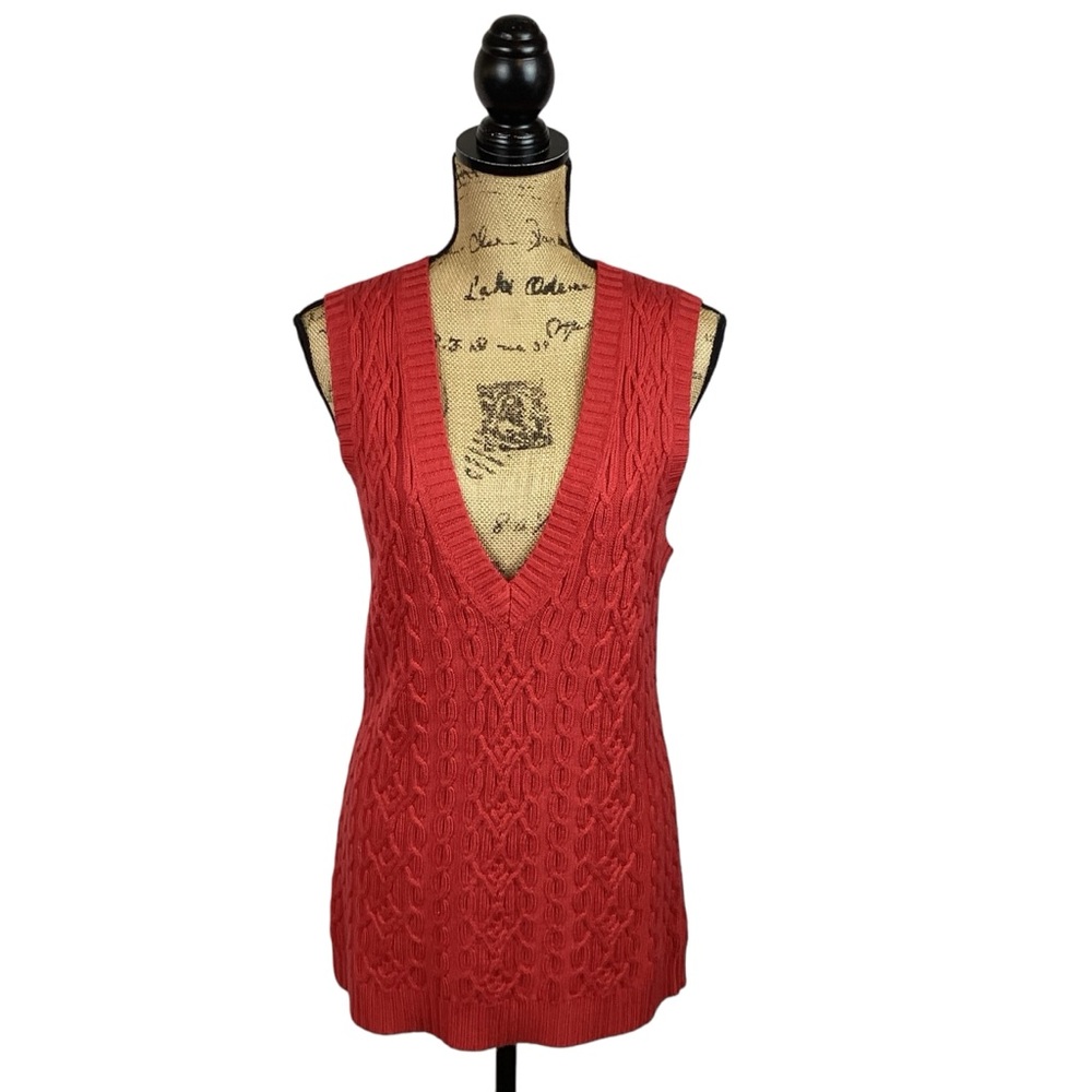 Jones New York Merino Sweater Vest Extra Fine Merino Wool Cable Knit Red-Orange